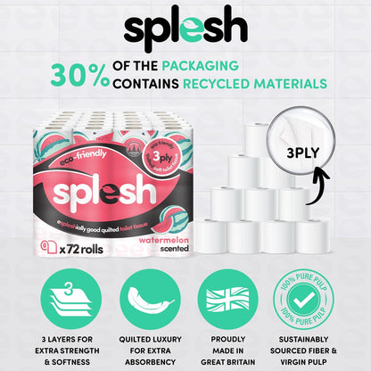 Splesh Quilted Toilet Roll Luxury Watermelon 3-Ply Soft Toilet Paper, 48 Rolls