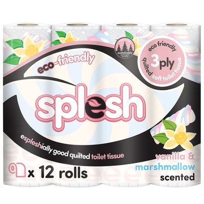 Splesh Quilted Toilet Roll Luxury Vanilla & Marshmallow 3-Ply Soft Toilet Paper, 12 Rolls