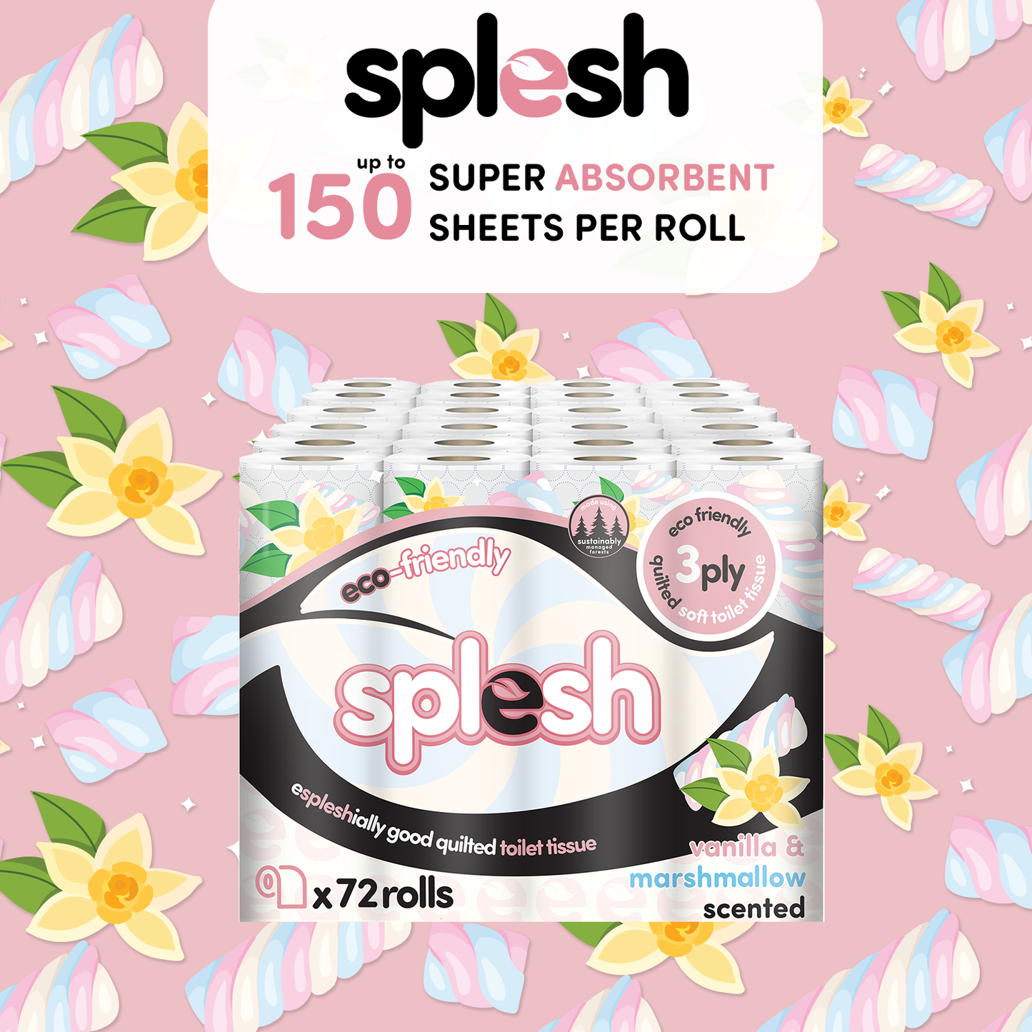 Splesh Quilted Toilet Roll Luxury Vanilla & Marshmallow 3-Ply Soft Toilet Paper, 60 Rolls
